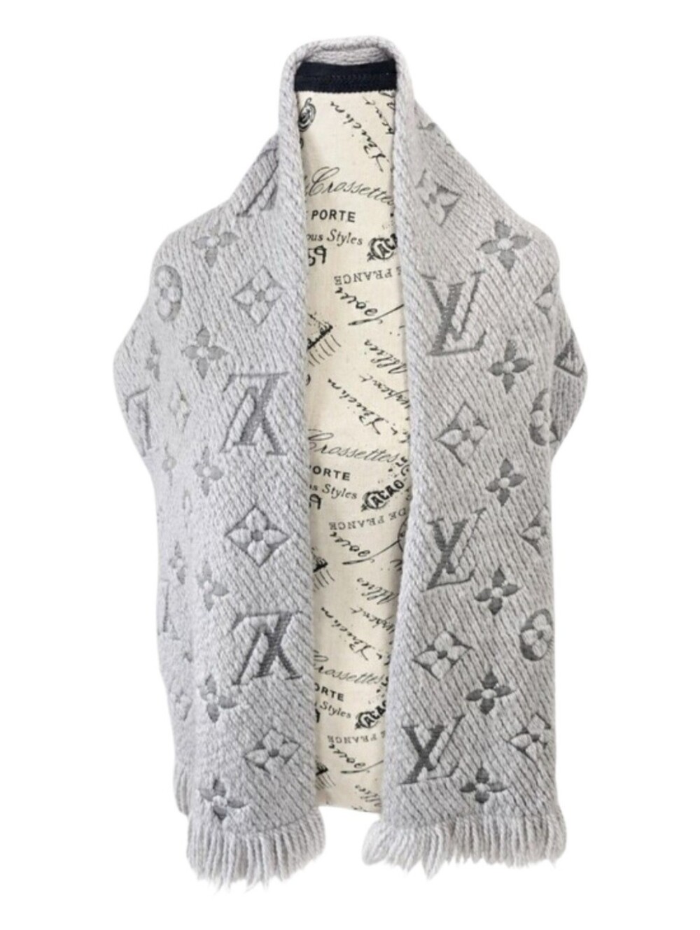Auth Louis Vuitton Echarpe Logomania Scarf Gray Monogram Wool Silk M74742